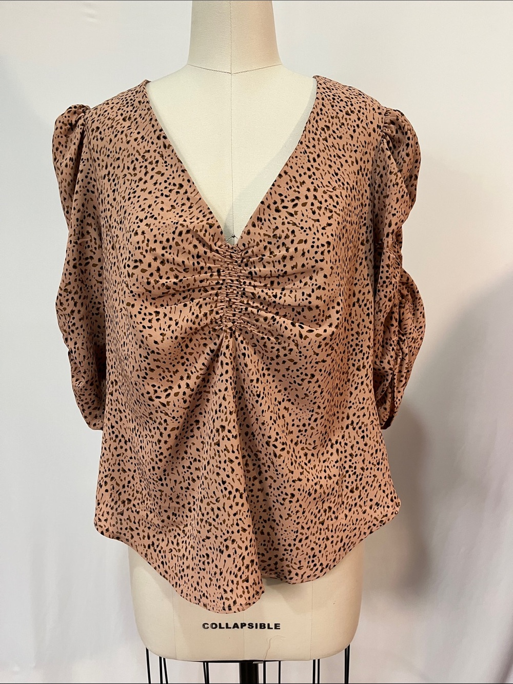 bishop + young Dusty Rose V-Neck Ruched Animal Print Blouse from Anthropologie